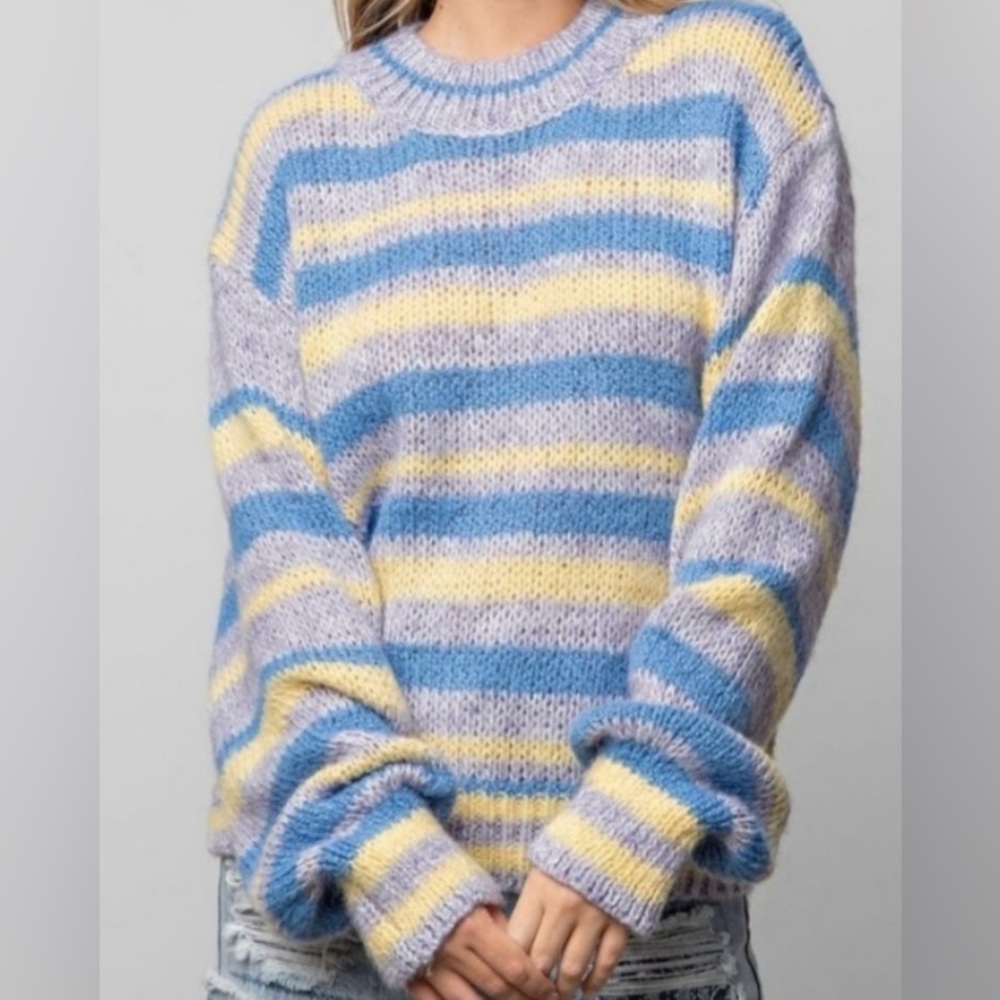 🌸NWT Multi Color Block Mix Striped Balloon Sleeve Cozy Knit Sweater